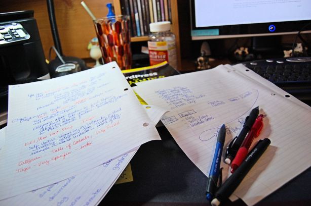 shot of my desk with notes from WordPress class