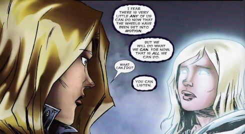 Detective asks glowy girl how she can help. The response is listen to me.