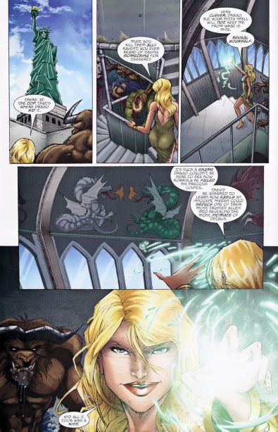 This page shows two bad guys (a woman and a drooling beast) she speaks in a highly decorative font
