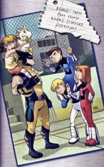 Wolverine Worst Day Ever first Power Pack issue inclueded Wolverine in his blue and yellow costume has the youngest on his shoulder a girl with a stuffed animal. The brothers are mugging for Wolverine the youngest on the oldest's shoulders. The youngest has a knife, fork, and spoon held like Wolverine claws. The oldest sister stands to the side looking amused.