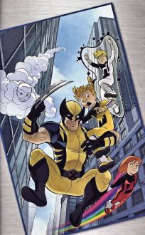 Wolverine Worst Day Ever - 3rd Power Pack Issue Wolverine is jumping to ground between tall builds, he is in his blue and yellow costume surrounded by the Power Pack in the power forms.