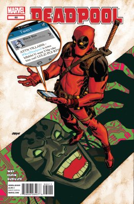 Deadpool looks at a tweet on his iPhone from Black Box stating that Deadpool is now killable.