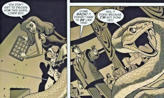 Lamia transforming from woman to her snake-like image escapes