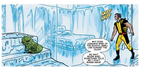 Wolverine smells Howard the Duck on Doop