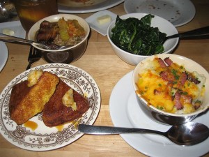 4.20.08 -Hungry Mohter- cornbread, hoppin' john, collards, grits by NoDame on Flickr.  Used under the Creative Commons 2.0 Attribution, non Commercial, Share Alike License granted.