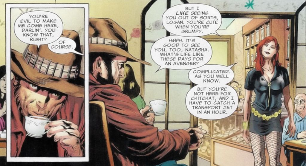 Logan waiting in a Russian Tea Room is just so cute!  Cudos to Black Widow for making him do it.