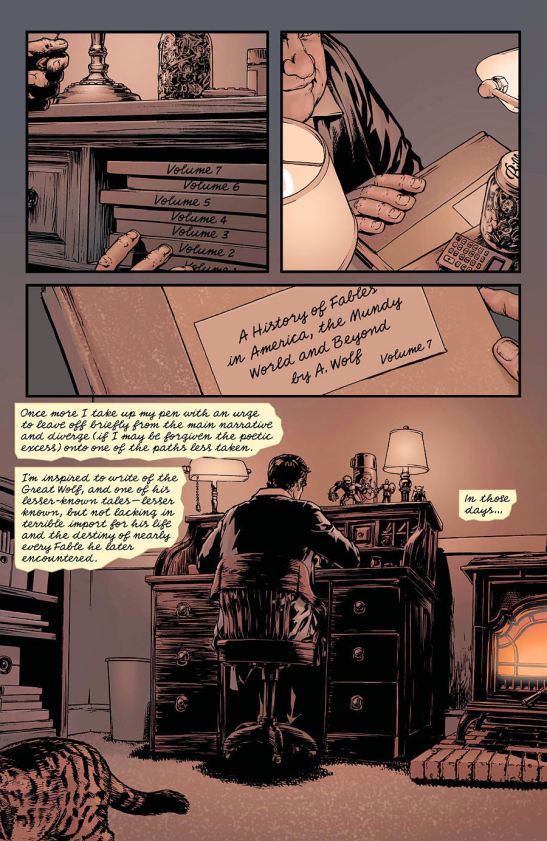 Here we learn Ambrose lives to adulthood and has a very comfortable life.  Also he's writing down the history of Fables in the Mundy world - now on Volume 7 of his work.  This is just the 2nd page of the story.