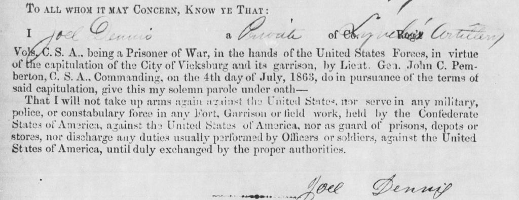 Confederate Pvt. Joel Dennis Jr's loyalty oath to the Union.