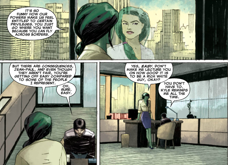 Apparently Matt Murdock (Daredevil) doesn't take INS cases.  So Northstar's attorney is She-Hulk. Oh yeah I'm sure deporting superheroes who have helped save the world and our country specifically is high on the to-do list.  Especially those pesky Canadians - look out Wolvie!