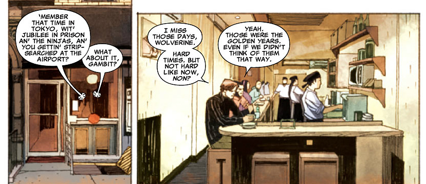 Oh I chuckled at this because I know just the issues they are referring to.  I still have the image of the Jim Lee panel where a disgruntled Logan is dashing off from security dressed in his cowboy hat, boxers, and cowboy boots carrying his clothes.  Best I can remember he was muttering about his medical implant papers or getting them...  Sorry couldn't find the image on-line to link to and not at home when writing this to scan it.