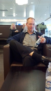 Mike contemplating his $4 water in the Munich airport