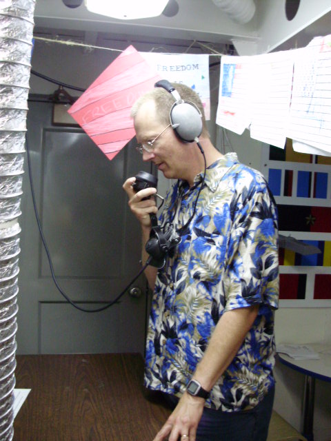 Capt. Mike demo-ing a voice powered communication known as a growler.